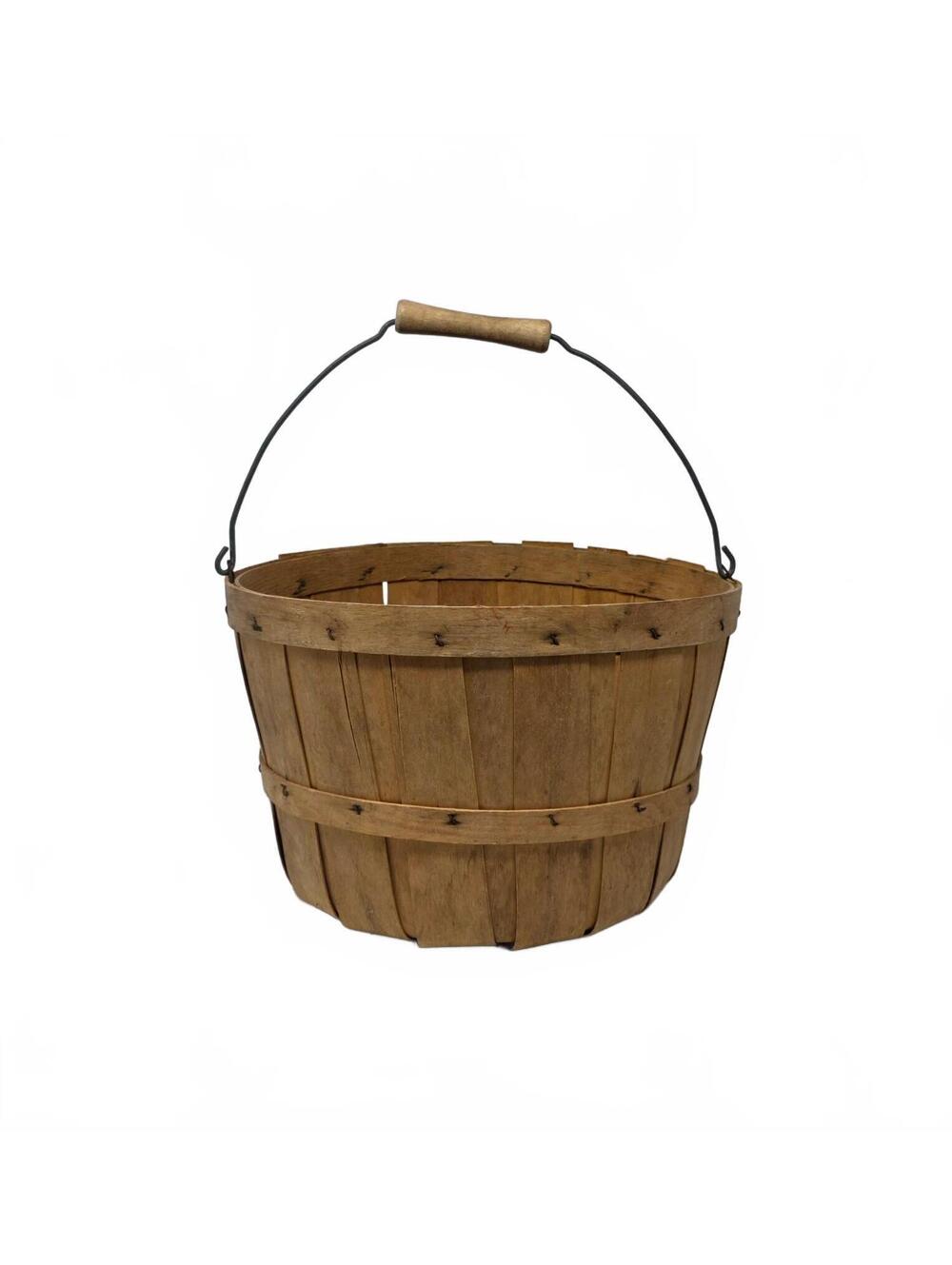Vintage Wood Splint Apple Basket Wire Handle Rustic Farmhouse Harvest Decor